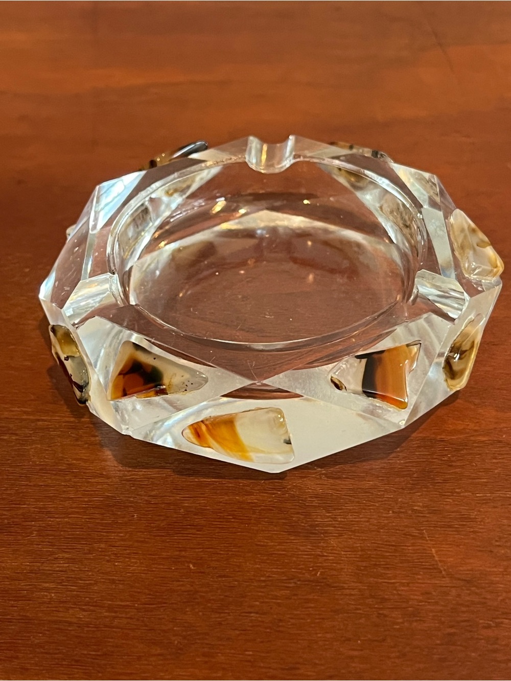 Unusual Faceted Clear Glass (Crystal) Ashtray With Agate Accents 3 Indents